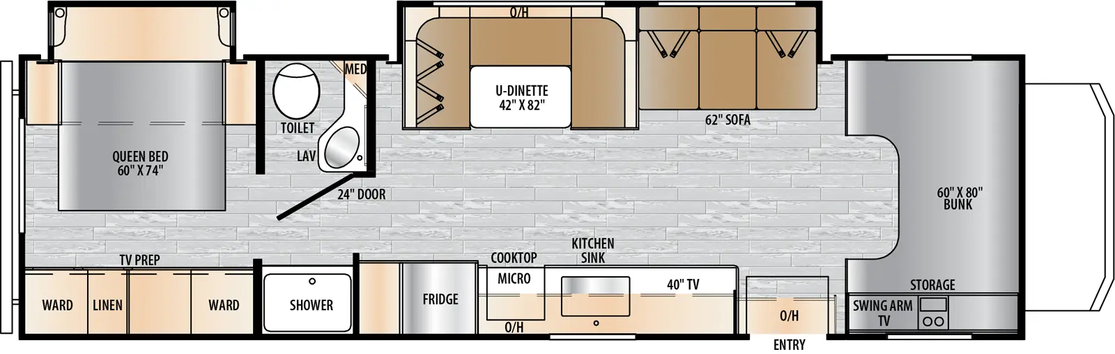The 2900DS has two slideouts  and one entry. Interior layout front to back: front bunk over cab area with storage and swing-arm TV; off-door side slideout with sofa, dinette, and overhead cabinet; door side entry, overhead cabinet, TV, sink, microwave, cooktop, and refrigerator; split 2-entry bathroom with medicine cabinet; rear bedroom with off-door side queen bed slideout, and door side wardrobe/linen closet with TV prep.